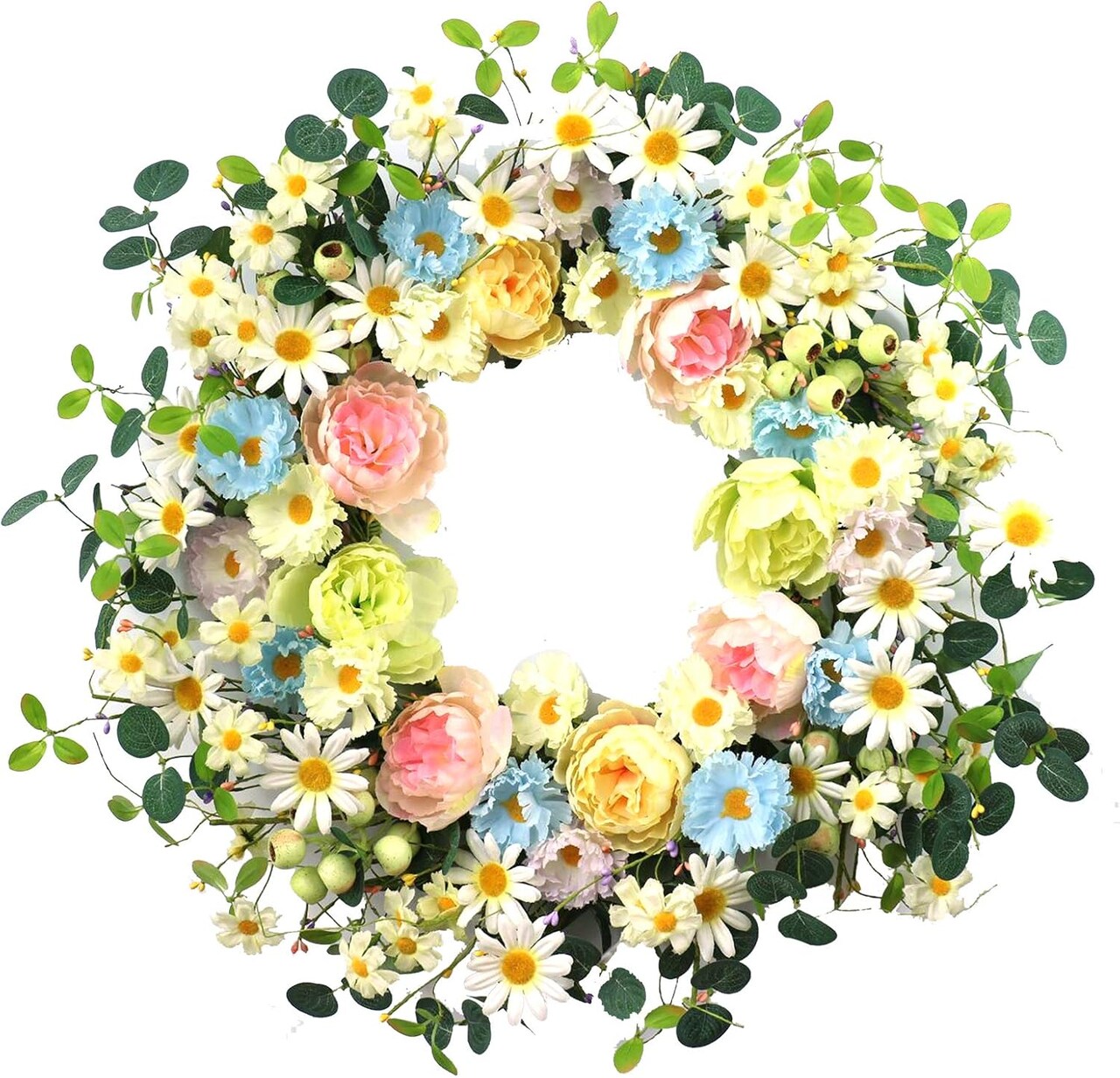 24” Artificial Daisy & Rose Wreath – Colorful Spring/Summer Floral Decor